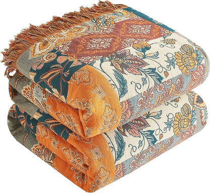 Boho Throw Blanket for Bed 90”x98”, 100% Cotton Woven Blanket for Couch Sofa, Ultra Soft 4-Layer Muslin Quilt with Patchwork Floral Printed, Farmhouse Bed Blanket/Cover for Living Room Decor