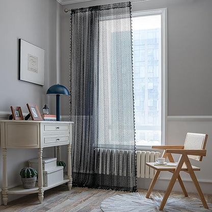 Sutuo Home Black Boho Curtain 84 Inches Length, Sheer Crochet Lace Handmade Tassels Knitted Window Treatment Vintage Rustic Bohemian Farmhouse Drape for Bedroom Rod Pocket 1 Panel 59" W x 84" L