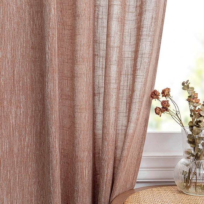 MYSKY HOME Living Room Curtains for Windows, Linen Look Texture Semi Sheers Boho Drapes Extra Long Floor Length Curtain Panels Soft Cotton Fabric, 50 x 108 Inch, Brick Red, 2 PCs