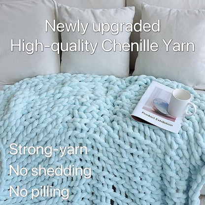 Maetoow Chenille Chunky Knit Blanket Throw （60×80 Inch）, Handmade Warm & Cozy Blanket Couch, Bed, Home Decor, Soft Breathable Fleece Banket, Christmas Thick and Giant Yarn Throws, Baby Blue