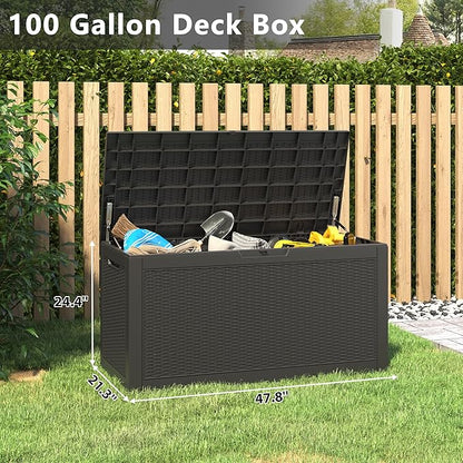 KAMABOKO 101 Gallon Waterproof Large Resin Deck Box, Lockable Large Outdoor Storage Boxes Indoor Outdoor Storage Container for Patio Cushions, Gardening Tools, Pool Supplies, Black
