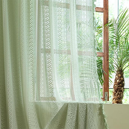 Sutuo Home Boho Curtains for Bedroom Dining Room, Bohemian Crochet Lace Hollow Knitted Handmade Tassels Vintage Rustic Window Treatment Farmhouse Drapes, 1 Panel Rod Pocket 59" W x 96" L, Mint Green