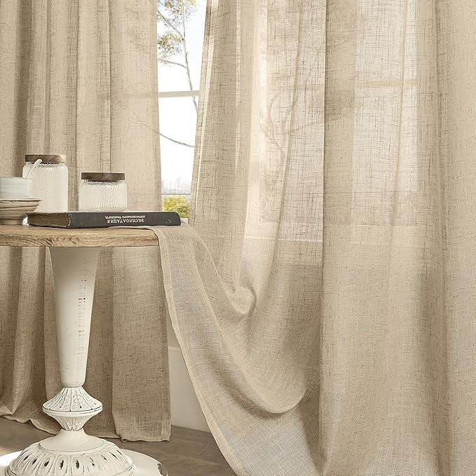 LAMIT Brown Sheer Linen Curtains 48 inches Length 2 Panels, Short Light Filtering Linen Textured Curtains for Kitchen/Window/Cafe/Loft Room, 34 x 48 Inch