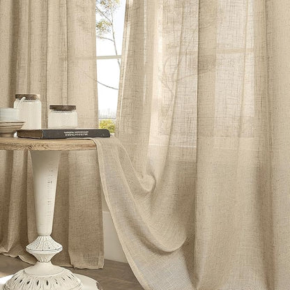 LAMIT Brown Sheer Linen Curtains 48 inches Length 2 Panels, Short Light Filtering Linen Textured Curtains for Kitchen/Window/Cafe/Loft Room, 34 x 48 Inch