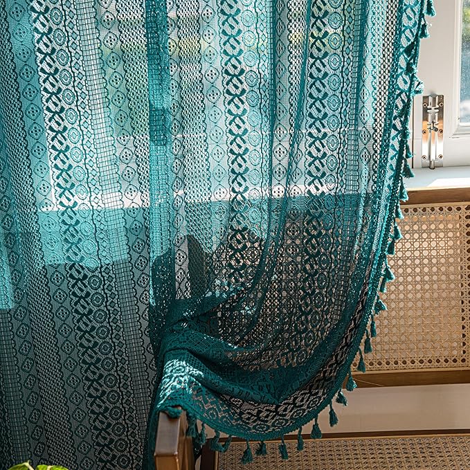 Sutuo Home Boho Curtains 72 inches Long for Bedroom Living Room, Crochet Lace Sheer Bohemian Hollow Knitted with Tassels, Rod Pocket Window Treatment Drapes, 1 Panel 59" W x 72" L, Turquoise