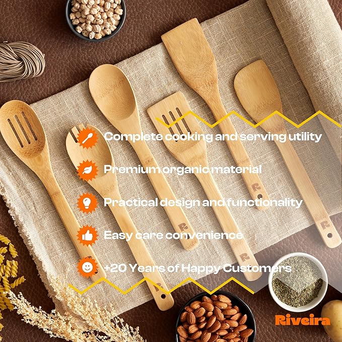 Riveira Bamboo Cooking Spoons 6-Piece – Wooden Cooking Utensils Set with Wooden Spoons for Cooking & Spatulas Wooden Utensil Sets – Premium Kitchen Utensils Set – Durable First Apartment Essentials