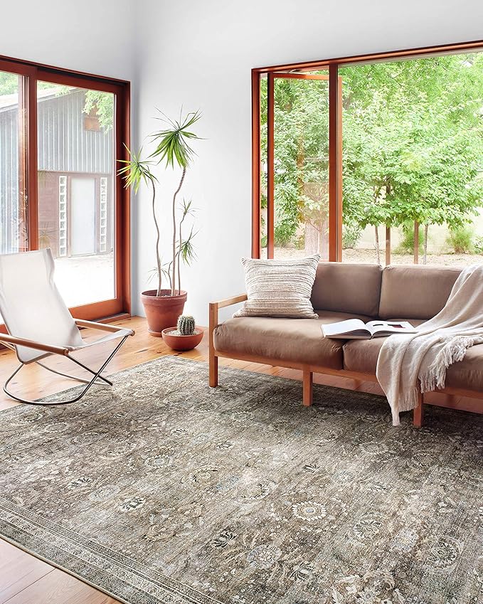 Loloi Layla Collection LAY-13 Antique/Moss 2'-6" x 12'-0" .13" Thick Runner Rug, Soft, Durable, Vintage Inspired, Distressed, Low Pile, Non-Shedding, Easy Clean, Printed, Living Room Rug