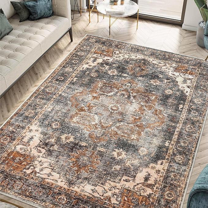 Keen Home Design 8x10 Rug - Machine Washable Area Rug with Non-Slip Backing, Ideal for Living Room, Dining Room, Bedroom - Vintage, Easy Clean, Durable, Low Pile Rug - (8' x 10')