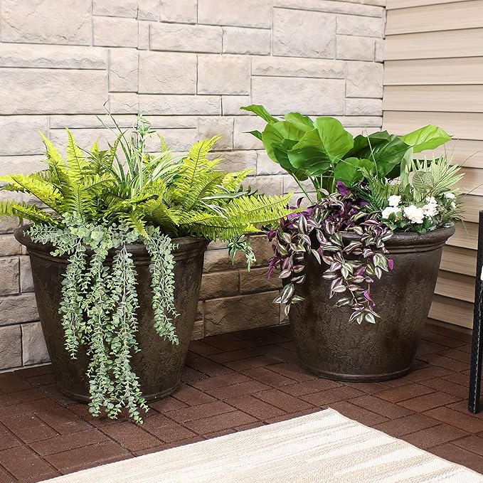 Sunnydaze 24-Inch Anjelica Large Plastic Pot for Plants - Outdoor Polyresin Round Planter with Drillable Drainage Holes - Sable - 2pk