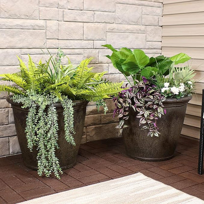 Sunnydaze 24-Inch Anjelica Large Plastic Pot for Plants - Outdoor Polyresin Round Planter with Drillable Drainage Holes - Sable - 2pk