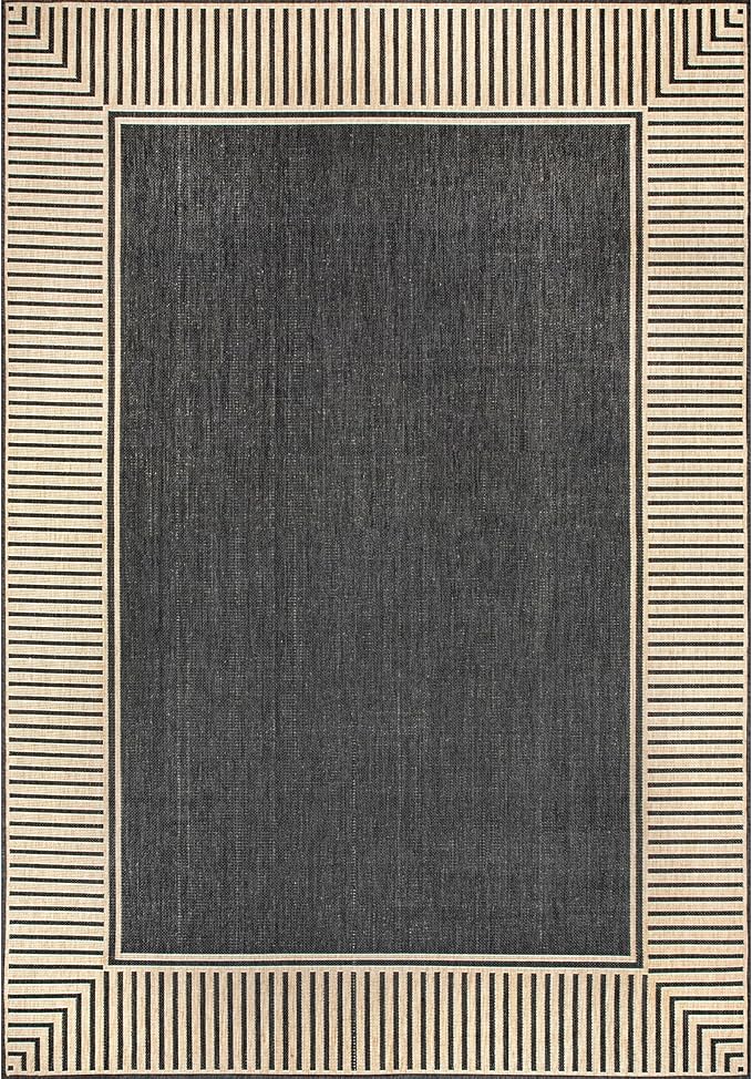 nuLOOM 8' x 10' Outdoor Area Rug, Casual Design With Striped Border, Stain Resistant, Highly Durable, For Patio, Balcony, Bedroom, Living Room, Dining Room, Bathroom, Dark Grey