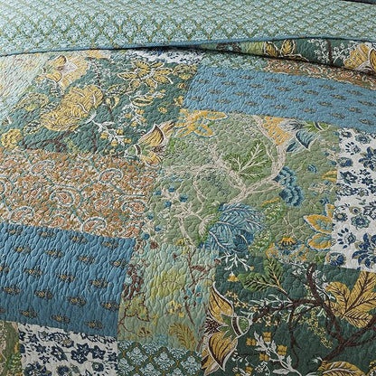 NEWLAKE Cotton Patchwork Bedspread, 3-Piece Bedding Quilt Set with Real Stitched Embroidery, Reversible Matelasse Bed Coverlet Set,Green Farmhouse Garden,King Size