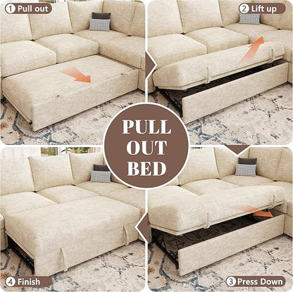 85 Inch Sectional Sleeper Sofa with Pull Out Bed,L Shaped 5 Seat Modular Sectional Sofa with Storage,Sectional Couches for Living Room,Cloud Modular Couch,Removable Sofa Cover,Beige