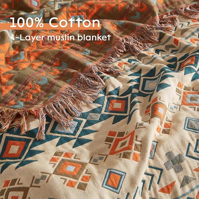 Boho Throw Blanket for Bed 80”x90”, 100% Cotton Woven Blanket for Couch Sofa, Ultra Soft 4-Layer Muslin Quilt with Diamond Pattern, Farmhouse Bed Blanket/Cover for Living Room Decor