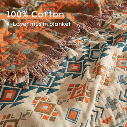 Boho Throw Blanket for Bed 90”x98”, 100% Cotton Woven Blanket for Couch Sofa, Ultra Soft 4-Layer Muslin Quilt with Diamond Pattern, Farmhouse Bed Blanket/Cover for Living Room Decor