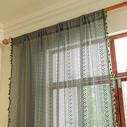 Sutuo Home Olive Green Boho Curtains 84 inches Long for Bedroom Living Room, Crochet Lace Sheer Bohemian Hollow Geometry Knitted Handmade Tassels, Privacy Vintage Farmhouse, 1 Panel 59" W x 84" L