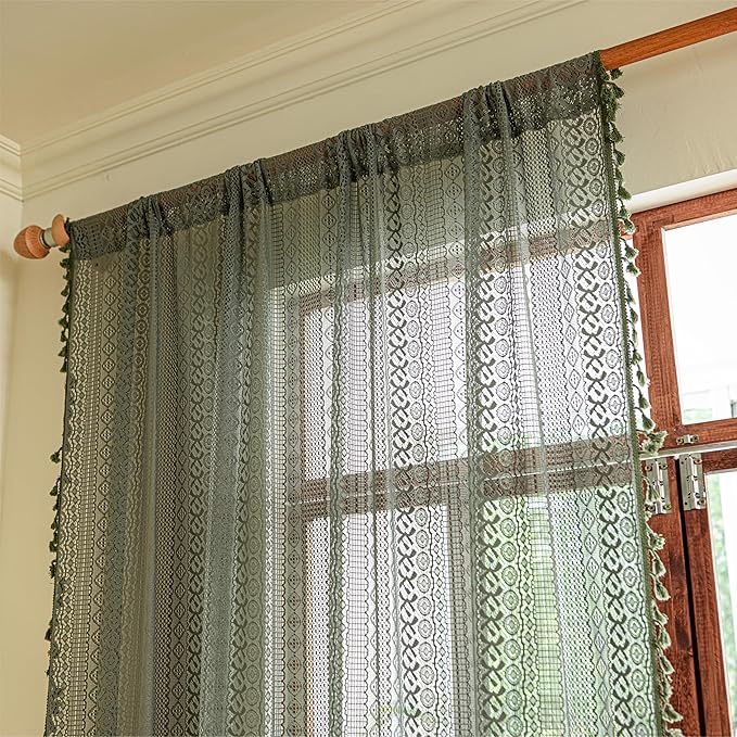 Sutuo Home Boho Curtains for Bedroom Living Room 72 inches Long, Crochet Lace Sheer Bohemian Hollow Knitted with Tassels, Privacy Vintage Farmhouse, Rod Pocket 1 Panel 59" W x 72" L,Olive Green