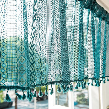 Sutuo Home Boho Valance Tier Curtains Crochet Lace Sheer Bohemian Hollow Knitted with Tassels, Privacy Vintage Rustic Farmhouse Drapes for Kitchen, Rod Pocket 1 Panel 59" W x 36" L, Turquoise