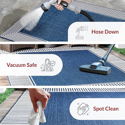 nuLOOM 4' x 6' Outdoor Area Rug, Casual Design With Striped Border, Stain Resistant, Highly Durable, For Patio, Balcony, Bedroom, Living Room, Dining Room, Bathroom, Navy