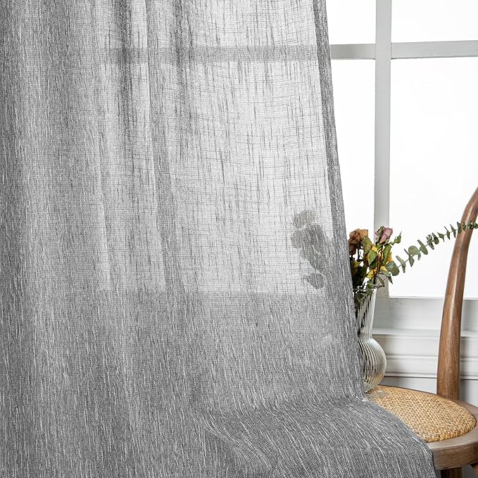 MYSKY HOME Long Sheer Curtains Farmhouse, Sliding Door Curtain for Living Room Light Filtering Privacy Protect Soft Cotton Blend Back Tab Window Drapes Boho, 50" x 108", Dark Grey, 2 Panels