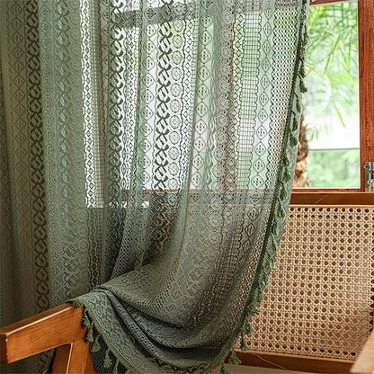 Sutuo Home Boho Curtains for Bedroom Living Room 72 inches Long, Crochet Lace Sheer Bohemian Hollow Knitted with Tassels, Privacy Vintage Farmhouse, Rod Pocket 1 Panel 59" W x 72" L,Olive Green