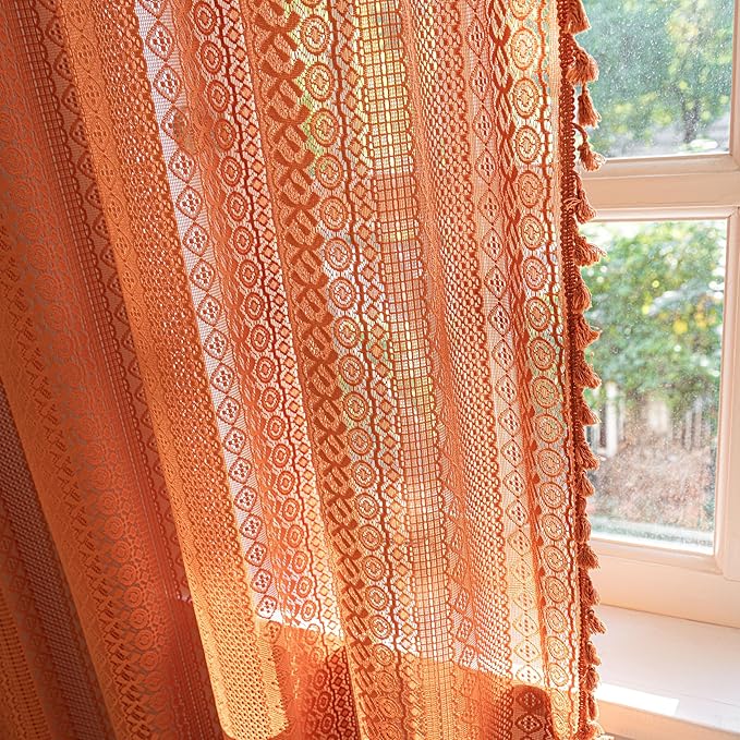 Sutuo Home Boho Curtains for Bedroom Living Room Kitchen,Crochet Lace Sheer Bohemian Hollow with Tassels,Window Treatment Drapes for Halloween Decor, Rod Pocket 1 Panel 59" W x 96" L, Burnt Orange