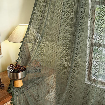 Sutuo Home Boho Curtains for Bedroom Living Room 72 inches Long, Crochet Lace Sheer Bohemian Hollow Knitted with Tassels, Privacy Vintage Farmhouse, Rod Pocket 1 Panel 59" W x 72" L,Olive Green