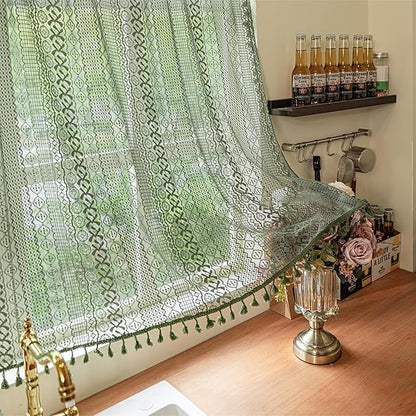 Sutuo Home Olive Green Boho Valance Curtains for Kitchen Cafe,Crochet Lace Sheer Bohemian Hollow with Handmade Tassels, Privacy Vintage Cottage Retro Farmhouse Tier, Rod Pocket 1 Panel 59" W x 36" L