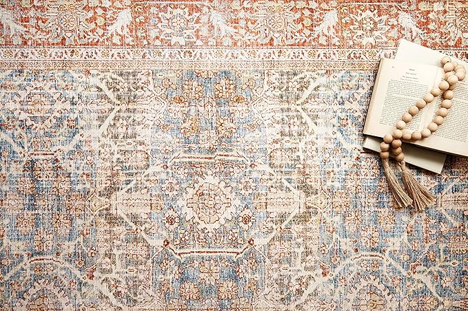 Loloi Layla Collection LAY-04 Ocean/Rust 2'-6" x 12'-0" .13" Thick Runner Rug, Soft, Durable, Vintage Inspired, Distressed, Low Pile, Non-Shedding, Easy Clean, Printed, Living Room Rug