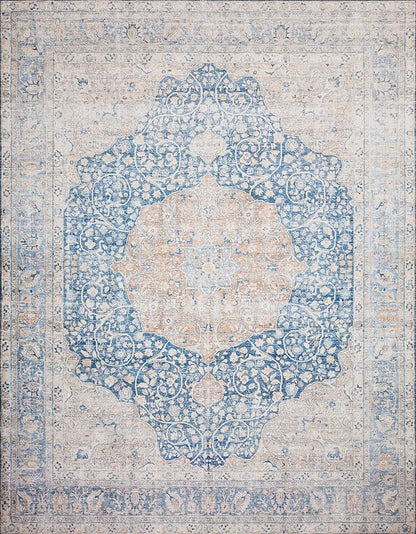 Loloi Layla Collection LAY-07 Blue/Tangerine 2'-6" x 12'-0" .13" Thick Runner Rug, Soft, Durable, Vintage Inspired, Distressed, Low Pile, Non-Shedding, Easy Clean, Printed, Living Room Rug