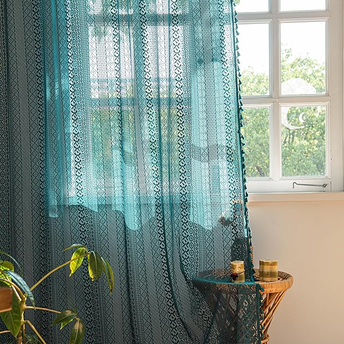 Sutuo Home Boho Curtains 72 inches Long for Bedroom Living Room, Crochet Lace Sheer Bohemian Hollow Knitted with Tassels, Rod Pocket Window Treatment Drapes, 1 Panel 59" W x 72" L, Turquoise