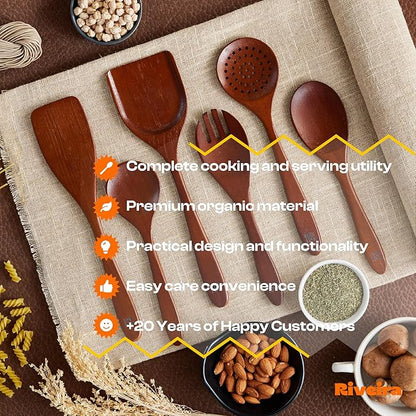 Riveira Set of 6 Premium Brown Bamboo Cooking Utensils - Bamboo Utensils for Cooking - Non-Toxic Kitchen Set - Wooden Kitchen Utensils for Non-Stick Cookware