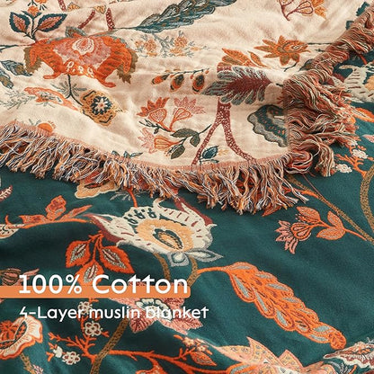 Boho Throw Blanket for Bed 90”x98”, 100% Cotton Woven Blanket for Couch Sofa, Ultra Soft 4-Layer Muslin Quilt with Floral Printed, Farmhouse Bed Blanket/Cover for Living Room Decor