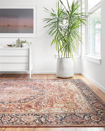 Loloi Layla Collection LAY-08 Red/Navy 5'-0" x 7'-6" .13" Thick Area Rug, Soft, Durable, Vintage Inspired, Distressed, Low Pile, Non-Shedding, Easy Clean, Printed, Living Room Rug