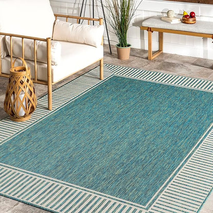 nuLOOM 4' x 6' Outdoor Area Rug, Casual Design With Striped Border, Stain Resistant, Highly Durable, For Patio, Balcony, Bedroom, Living Room, Dining Room, Bathroom, Teal