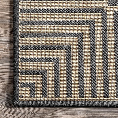 nuLOOM 9'6" x 12' Outdoor Area Rug, Casual Design With Striped Border, Stain Resistant, Highly Durable, For Patio, Balcony, Bedroom, Living Room, Dining Room, Bathroom, Dark Grey