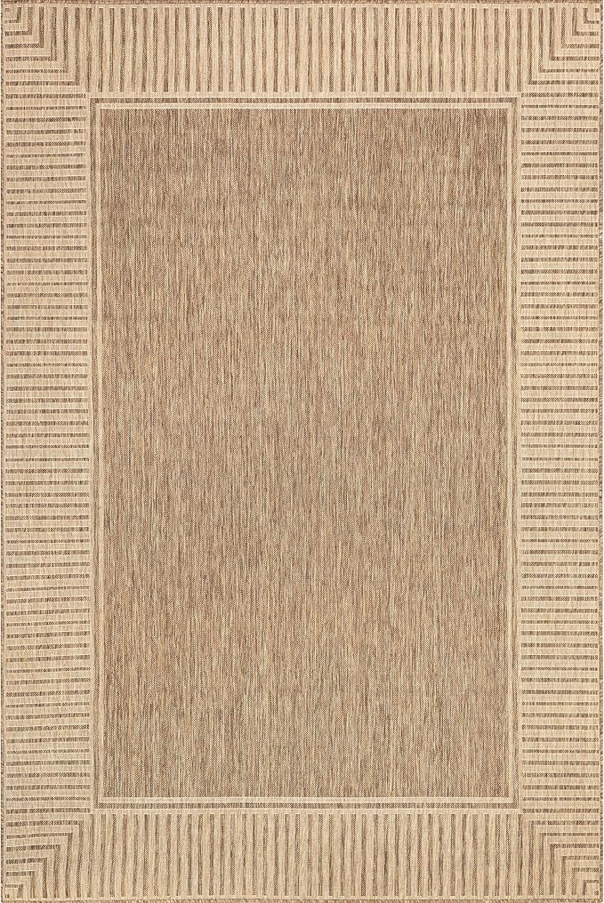 nuLOOM 9'6" x 12' Outdoor Area Rug, Casual Design With Striped Border, Stain Resistant, Highly Durable, For Patio, Balcony, Bedroom, Living Room, Dining Room, Bathroom, Light Brown