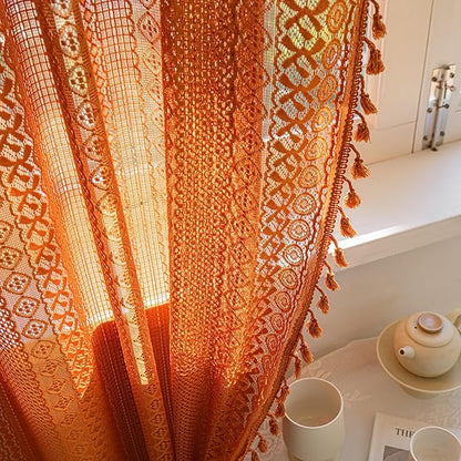 Sutuo Home Burnt Orange Boho Curtains 102 inches Long for Bedroom Dining Room, Crochet Lace Sheer Bohemian Tassels Hollow Knitted,Window Treatment Drapes Fall Decor, Rod Pocket 1 Panel 59" W x 102" L