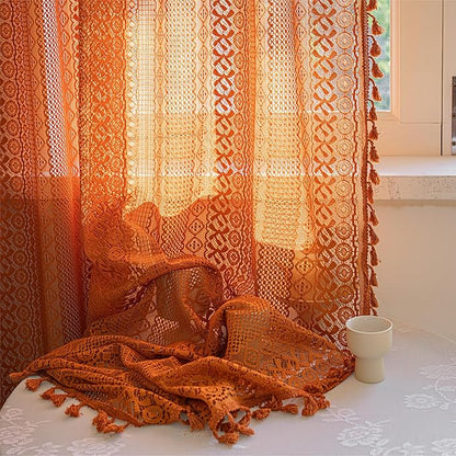 Sutuo Home Burnt Orange Boho Curtains 90 inches Long for Bedroom Living Room, Terracotta Crochet Lace Sheer Bohemian Knitted with Fringes,Window Treatment Drapes, Rod Pocket 1 Panel 59" W x 90" L