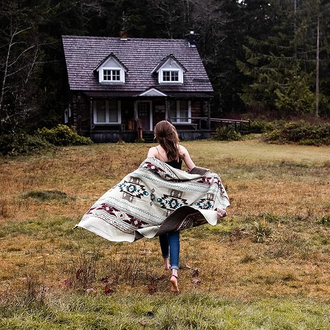 Inca Aztec Throw, Queen, King Blanket | Southwest Indian Navajo Boho Style | Native Cover for Camping, Bedding, Couch, Vanlife | Faux Alpaca, Lightweight, Hypoallergenic (Chimborazo Beige, Throw)