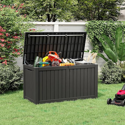 KAMABOKO Outdoor Storage Box, 150 Gallon Large Outdoor Resin Deck Box, Storage Waterproof Boxes Lockable Lid for Garden Tools, Pool Supplies, Patio Furniture and Cushions, Black