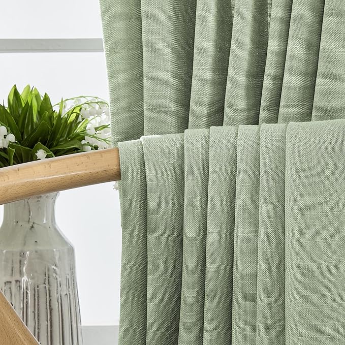 Joydeco Linen Curtains for Living Room,Light Filtering Rod Pocket Back Tab Semi Sheer Drapes Window Long Curtains 90 inches Long Sage Green