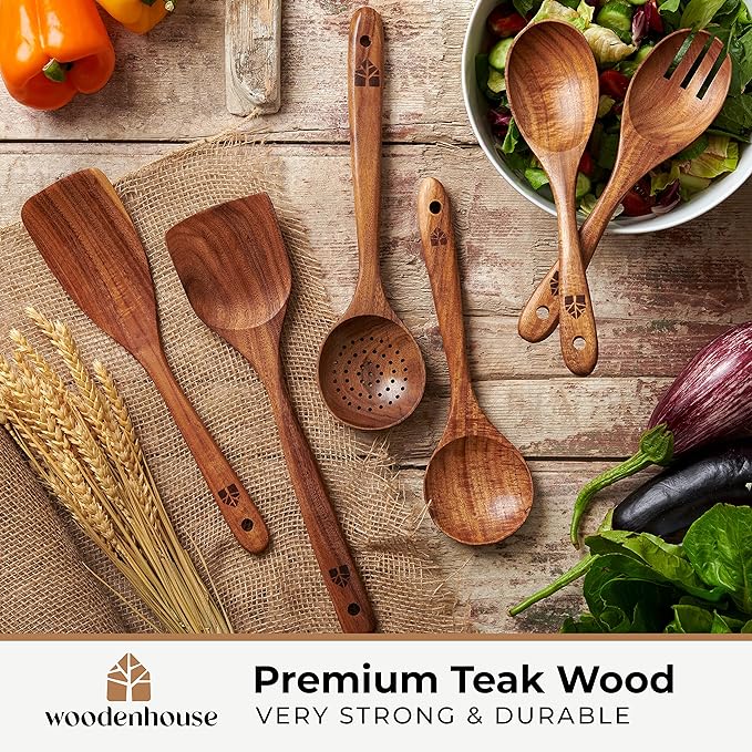 Wooden Spoons for Cooking – Wooden Kitchen Utensils Set, 6 Pcs Teak Wood Utensil Set – Comfortable Grip Non–Stick Wooden Cooking Utensils