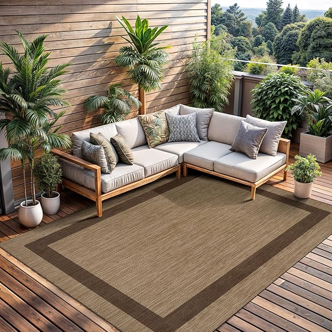 CAMILSON Outdoor Rug 10x14 - Large Modern Outside Rugs for Patios Porches Waterproof Durable Washable Non-Shedding, Easy-to-Clean Indoor Outdoor Area Carpet (10 x 14, Bordered - Jute)