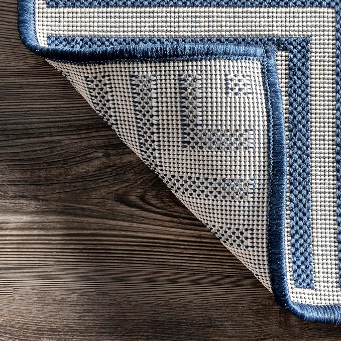 nuLOOM 6' 7" x 9' Outdoor Area Rug, Casual Design With Striped Border, Stain Resistant, Highly Durable, For Patio, Balcony, Bedroom, Living Room, Dining Room, Bathroom, Navy