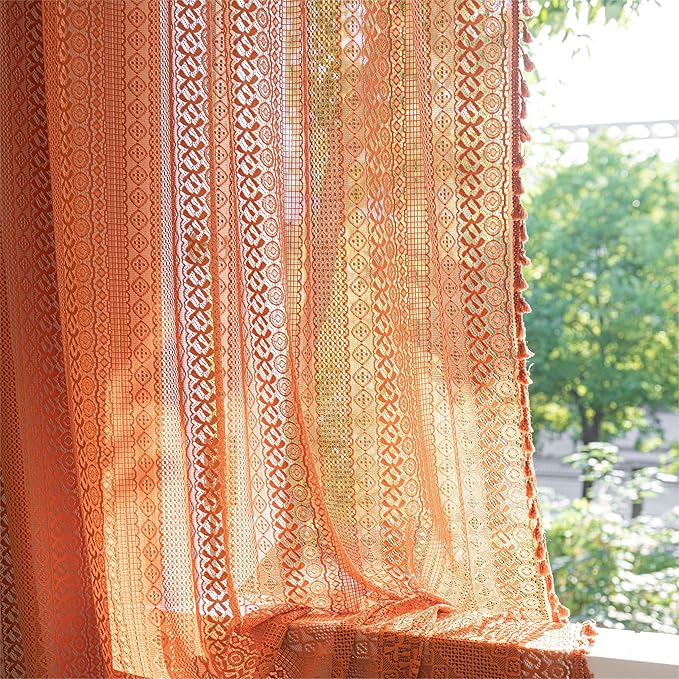 Sutuo Home Boho Curtains 72 inches Long for Bedroom Living Room, Crochet Cotton Lace Sheer Bohemian Hollow Knitted with Tassels,Window Treatment Drapes, Rod Pocket 1 Panel 59" W x 72" L,Burnt Orange