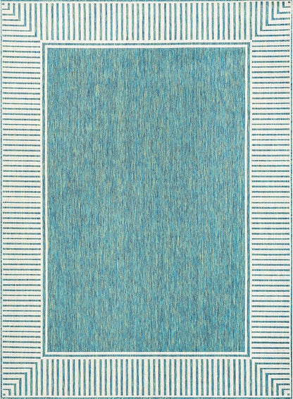 nuLOOM 4' x 6' Outdoor Area Rug, Casual Design With Striped Border, Stain Resistant, Highly Durable, For Patio, Balcony, Bedroom, Living Room, Dining Room, Bathroom, Teal