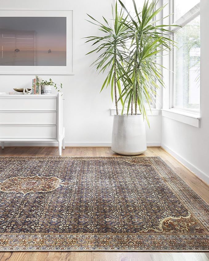 Loloi Layla Collection LAY-09 Cobalt Blue/Spice 2'-6" x 7'-6" .13" Thick Runner Rug, Soft, Durable, Vintage Inspired, Distressed, Low Pile, Non-Shedding, Easy Clean, Printed, Living Room Rug
