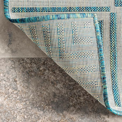 nuLOOM 9'6" x 12' Outdoor Area Rug, Casual Design With Striped Border, Stain Resistant, Highly Durable, For Patio, Balcony, Bedroom, Living Room, Dining Room, Bathroom, Teal