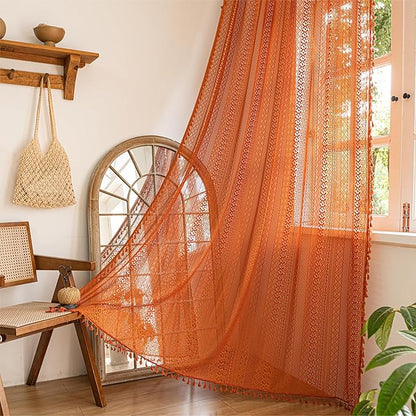 Sutuo Home Boho Curtains for Bedroom Living Room Kitchen,Crochet Lace Sheer Bohemian Hollow with Tassels,Window Treatment Drapes for Halloween Decor, Rod Pocket 1 Panel 59" W x 96" L, Burnt Orange